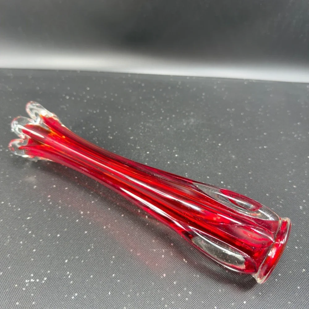 Vintage Ruby Red Swung Glass Bud Vase Ruffled Finger Rim Mid Century Modern‎ VTG